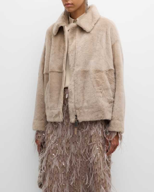 Shearling Velour Shirt Jacket With Monili Trim